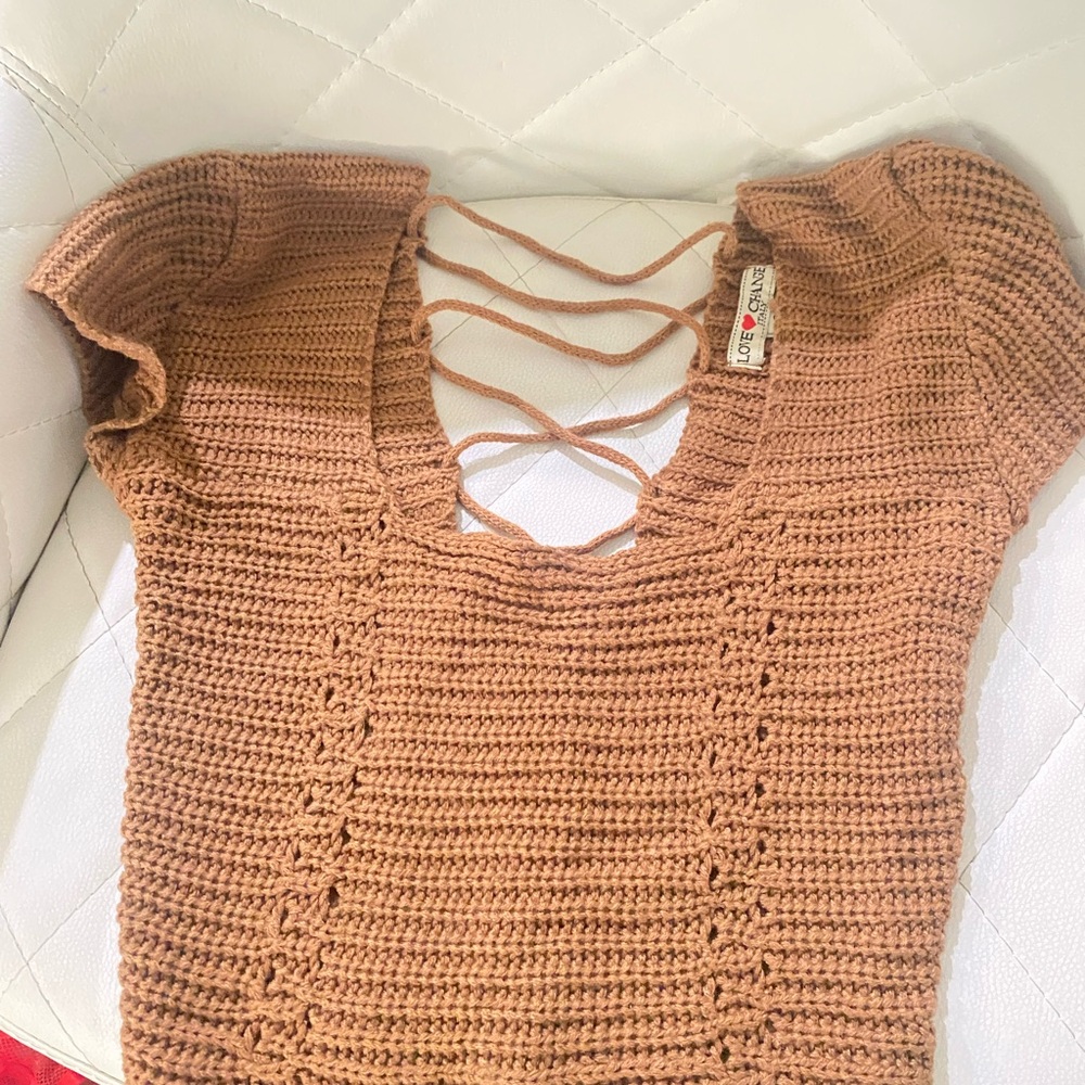 Tan Knit Blouse with Lace-Up Detail